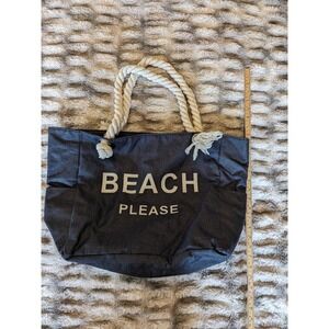 Beach Please Navy Blue Canvas Tote Bag Nautical Rope Handles Zipper Closure
